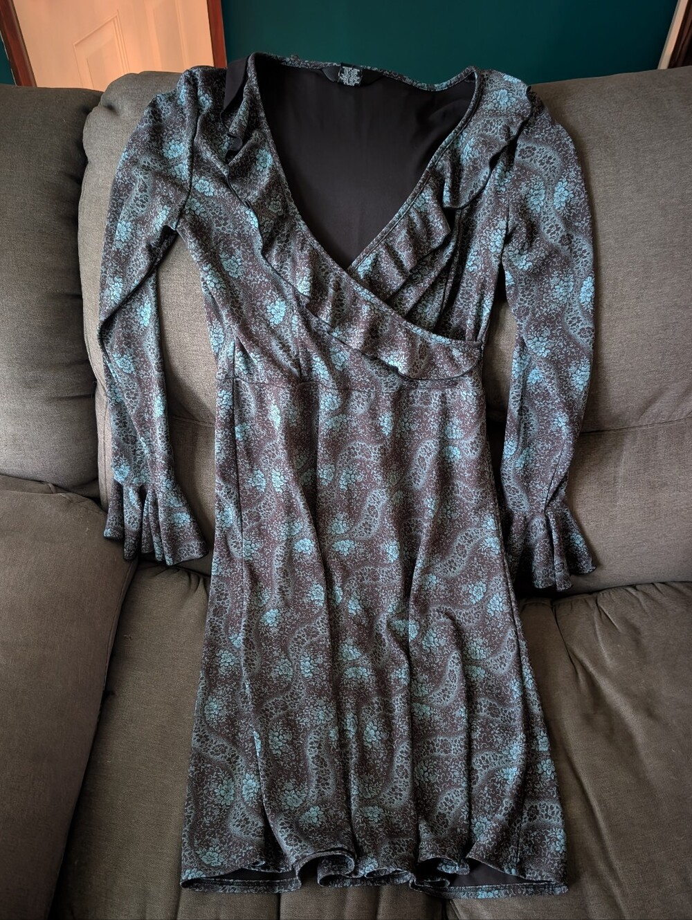 Express Teal and Black Paisley Long Sleeve Wrap Dress